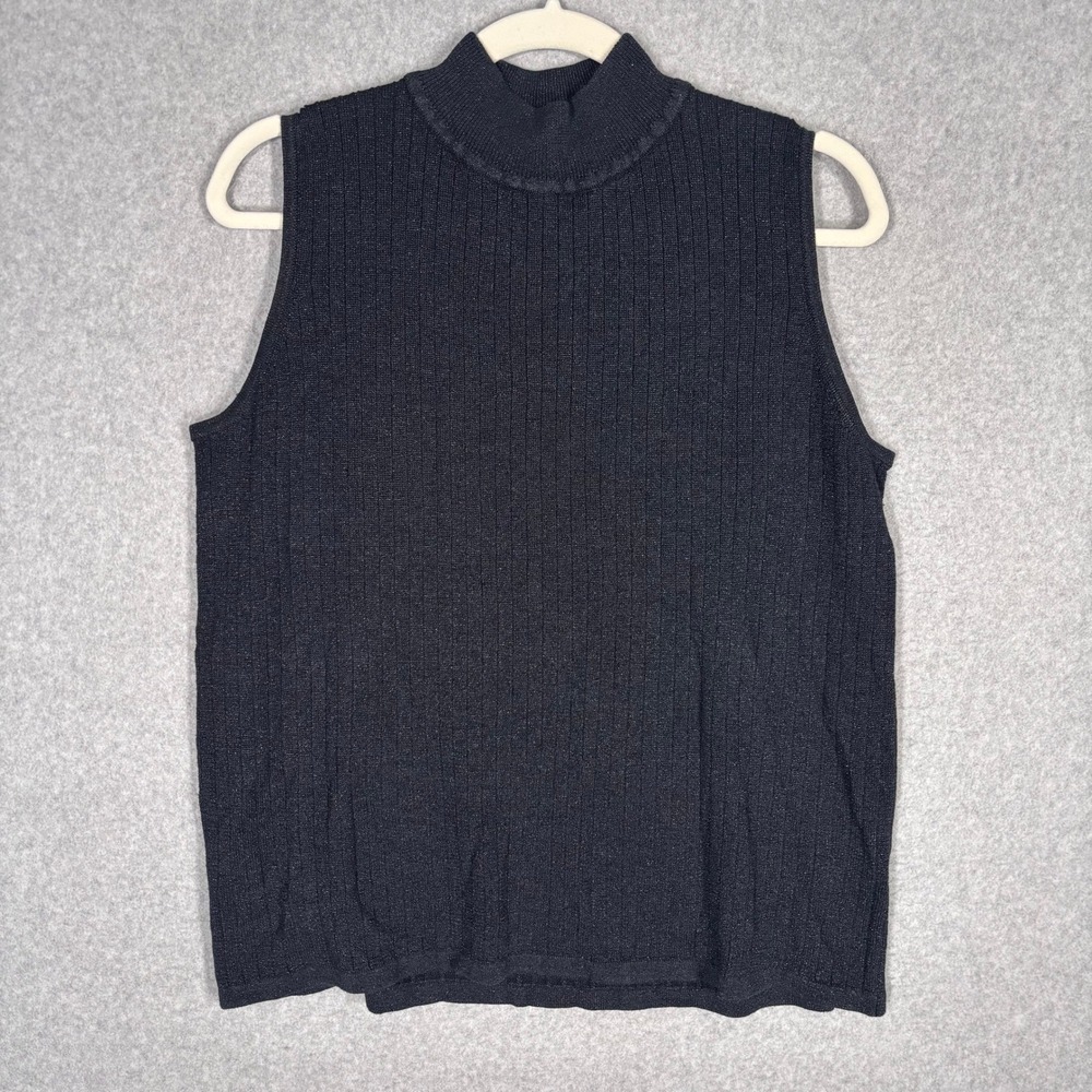 Vintage Studio Works Silk Knit Shell Top 1X Black Metallic High Mock Neck Shiny